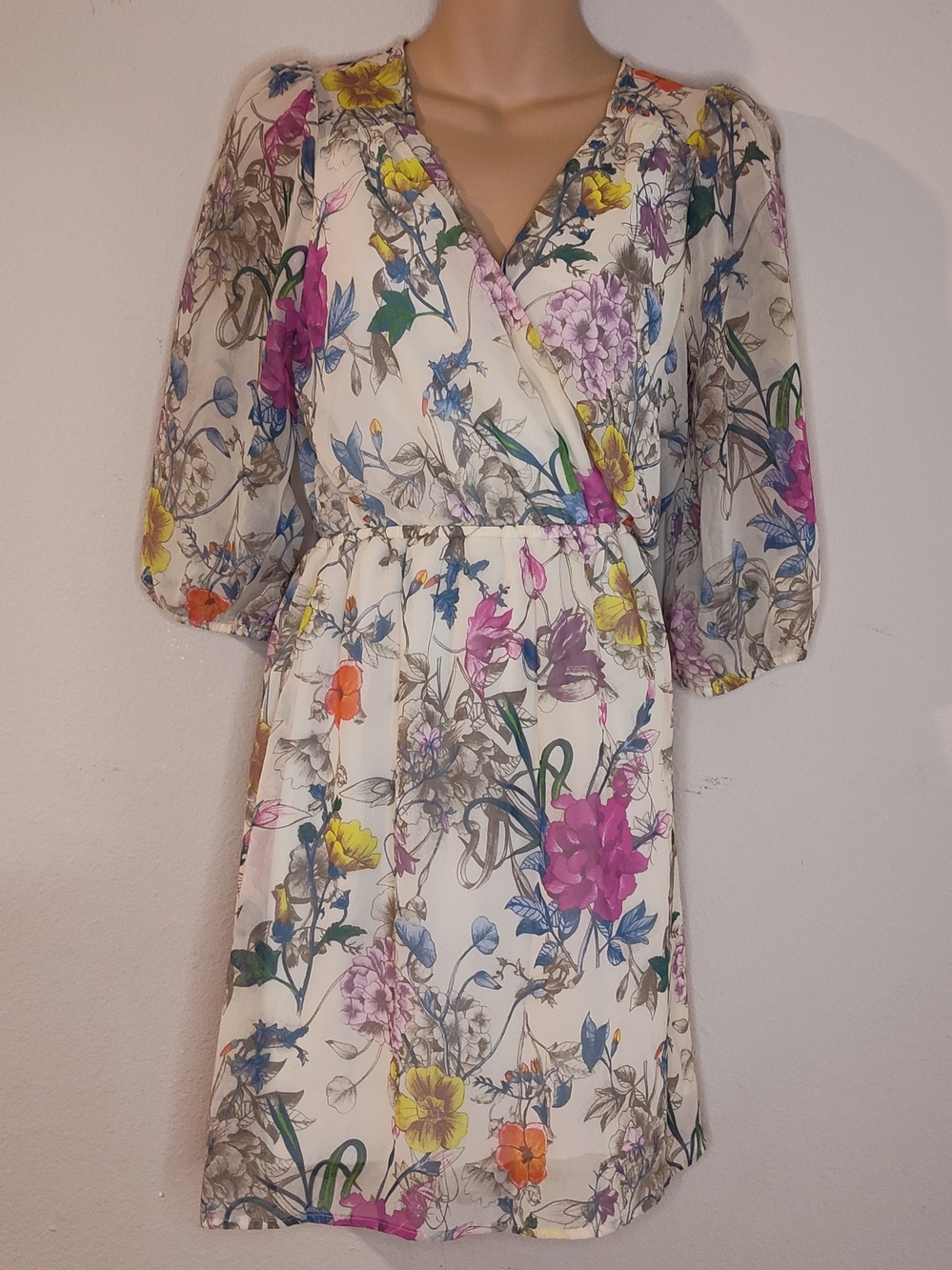Cottagecore Ivory Floral Wrap Mini Dress with Pink Yellow Orange and Blue Blooms